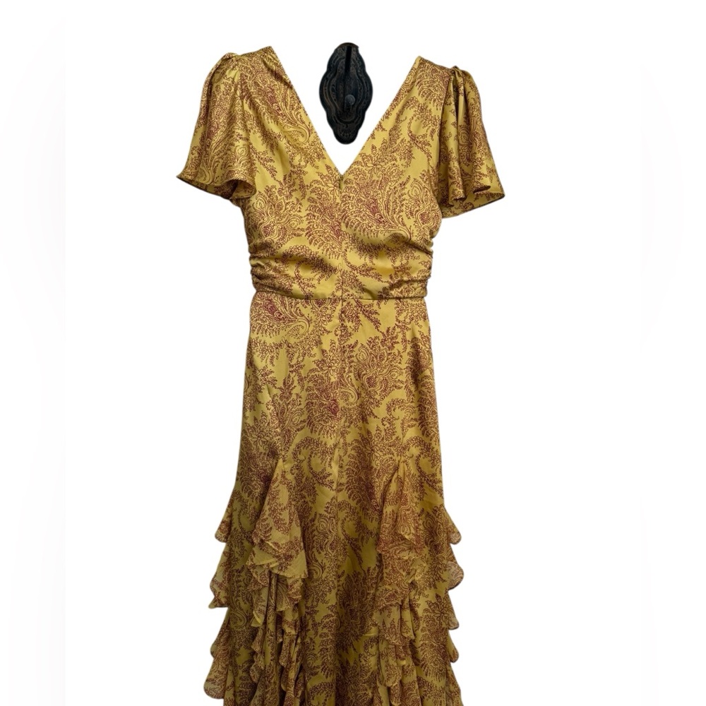 Cinq a Sept Gold Cocktail Gown with Flutter Sleeves size 6 wedding guest dress - Picture 8 of 9